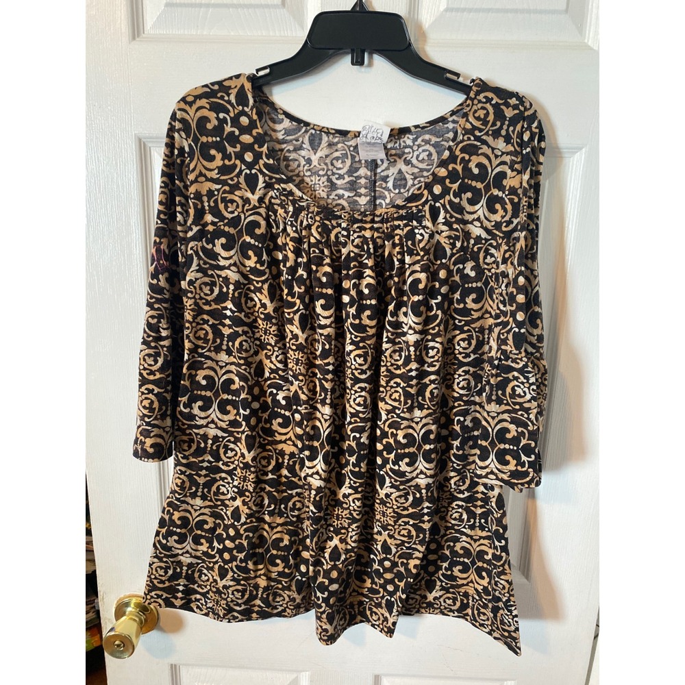 Just My Size JMS Womens 2X 18W/20W Damask Scroll Print Pleated Scoop Neck Tunic